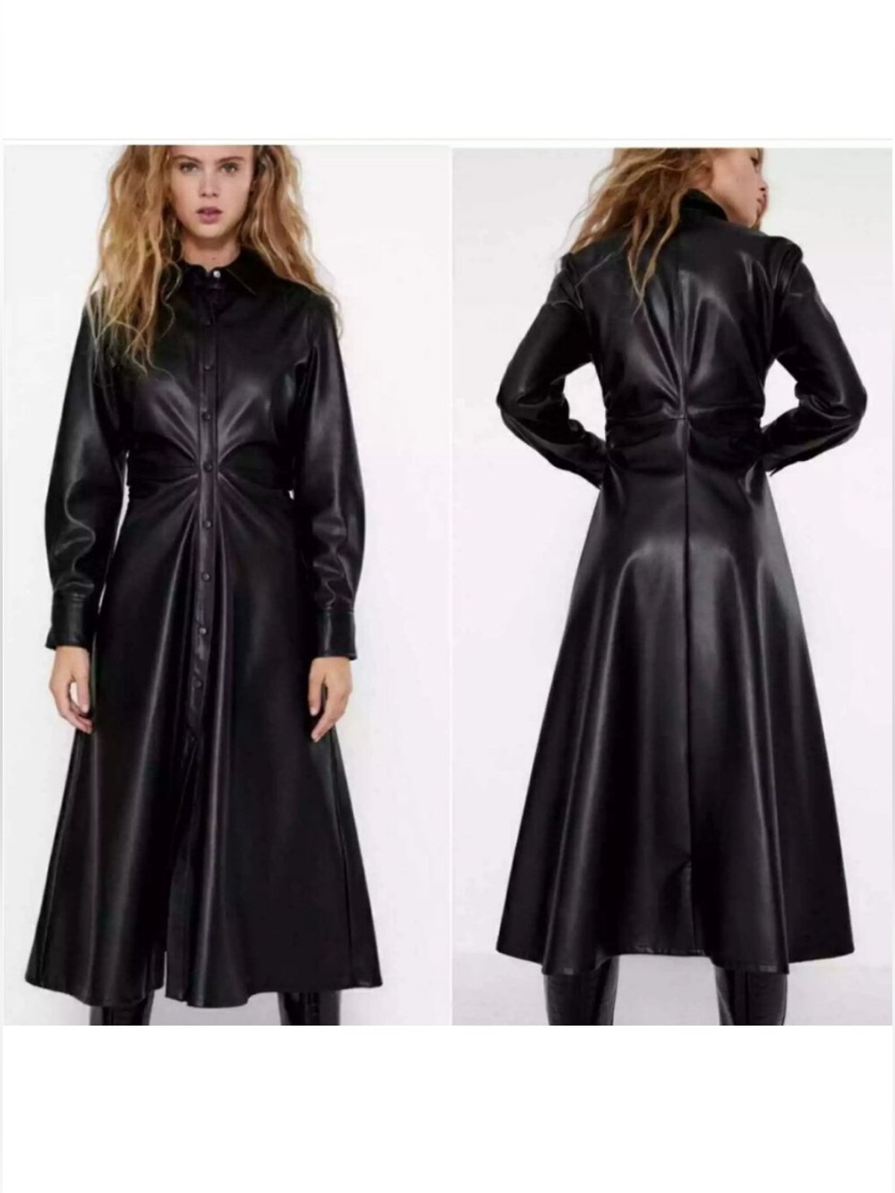 Black Faux Leather Long Button-Front Dress